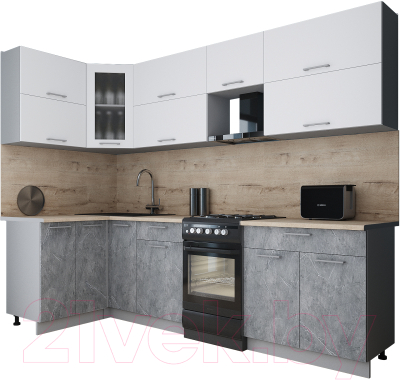 Кухонный гарнитур Интерлиния Мила Gloss 50-12x27 (белый софт/керамика/травертин серый)