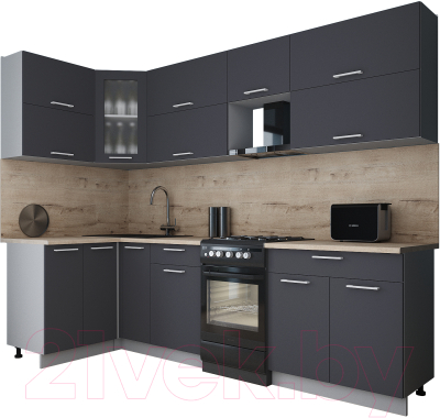 Кухонный гарнитур Интерлиния Мила Gloss 50-12x27 (графит софт/графит софт/травертин серый)