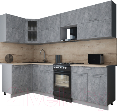 Кухонный гарнитур Интерлиния Мила Gloss 50-12x27 (керамика/керамика/травертин серый)