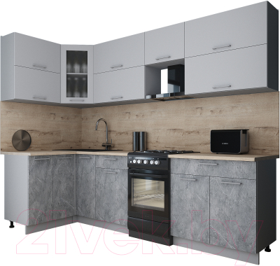Кухонный гарнитур Интерлиния Мила Gloss 50-12x27 (пепел софт/керамика/травертин серый)