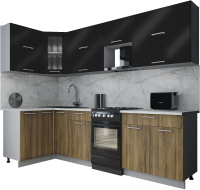 Готовая кухня Интерлиния Мила Gloss 50-12x27 (черный глянец/дуб вотан/травертин серый) - 