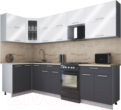 Готовая кухня Интерлиния Мила Gloss 50-12x28 (белый глянец/графит софт/травертин серый)