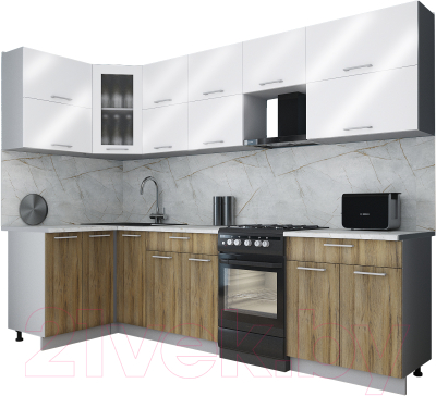 Готовая кухня Интерлиния Мила Gloss 50-12x28 (белый глянец/дуб вотан/травертин серый)