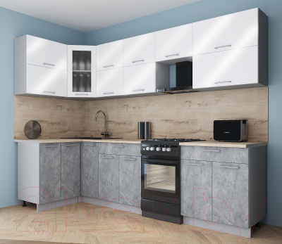 Готовая кухня Интерлиния Мила Gloss 50-12x28 (белый глянец/керамика/травертин серый)