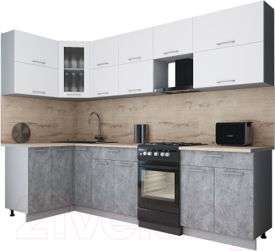 Кухонный гарнитур Интерлиния Мила Gloss 50-12x28 (белый софт/керамика/травертин серый)