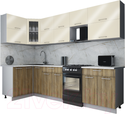 Готовая кухня Интерлиния Мила Gloss 50-12x28 (ваниль глянец/дуб вотан/травертин серый)