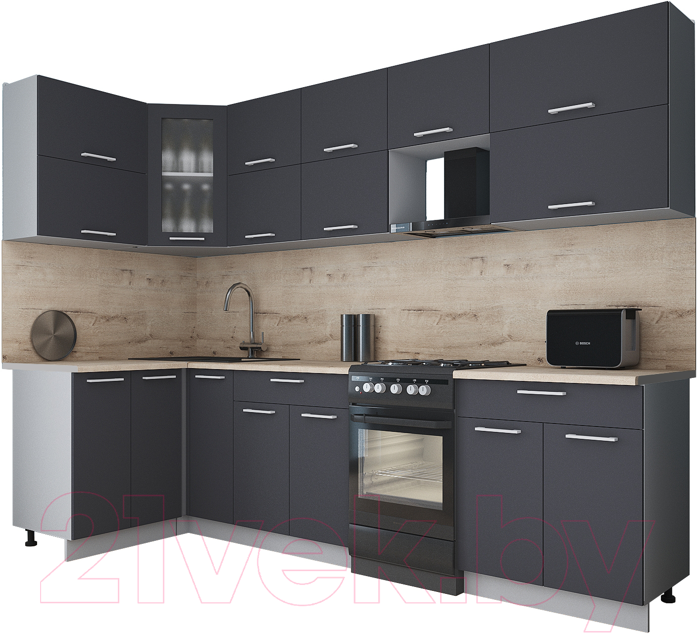 Кухонный гарнитур Interline Мила Gloss 50-12x28 (пепел/пепел/травертин серый)