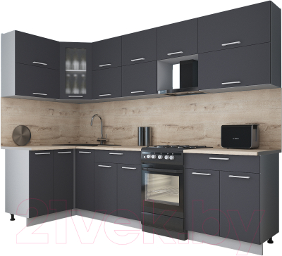 Готовая кухня Интерлиния Мила Gloss 50-12x28 (графит софт/графит софт/травертин серый)