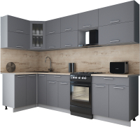 Кухонный гарнитур Интерлиния Мила Gloss 50-12x28 (серый софт/серый софт/травертин серый) - 