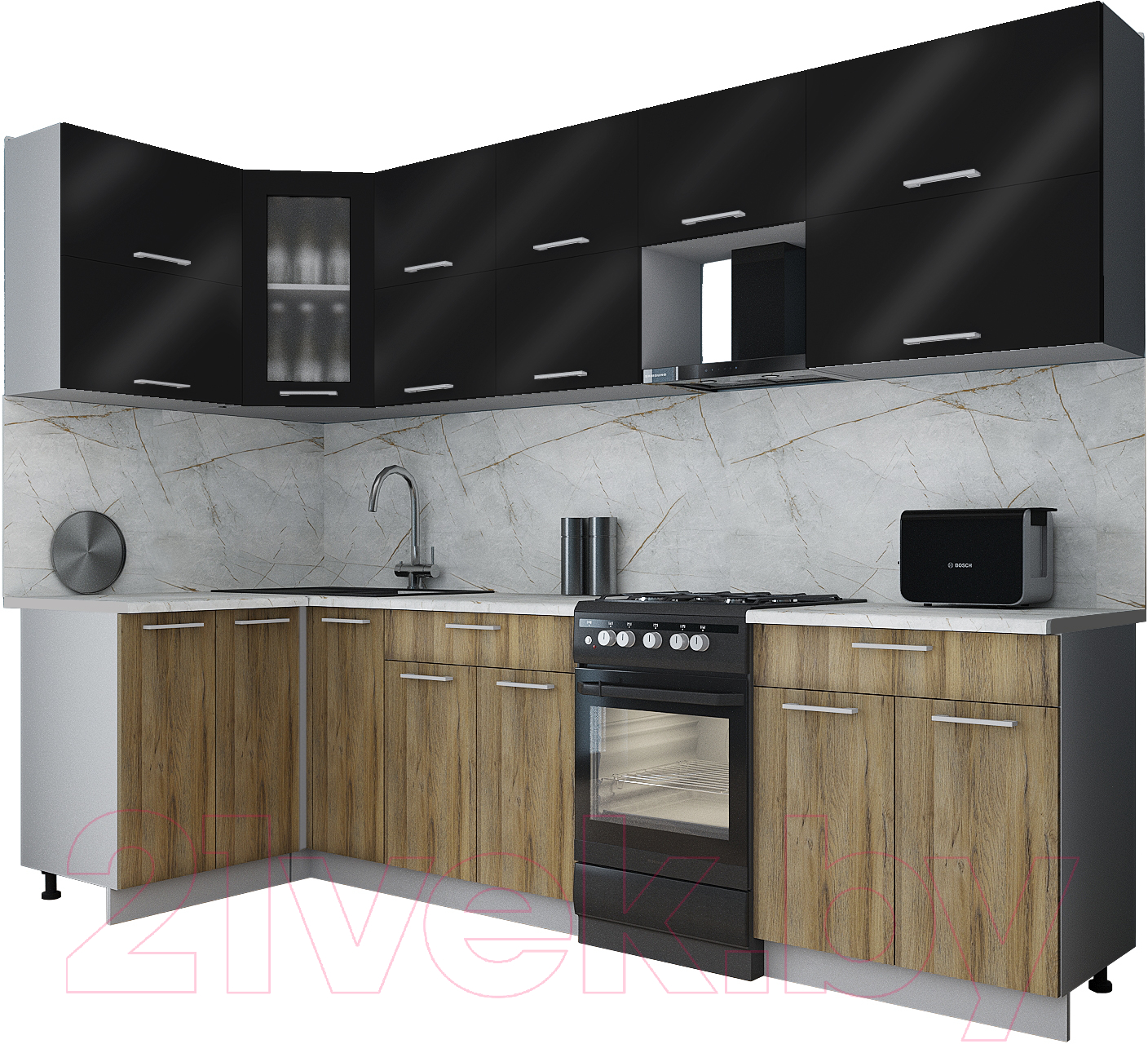 Кухонный гарнитур Interline Мила Gloss 50-12x28 (черный глянец/дуб вотан/травертин серый)
