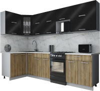 Готовая кухня Интерлиния Мила Gloss 50-12x28 (черный глянец/дуб вотан/травертин серый) - 