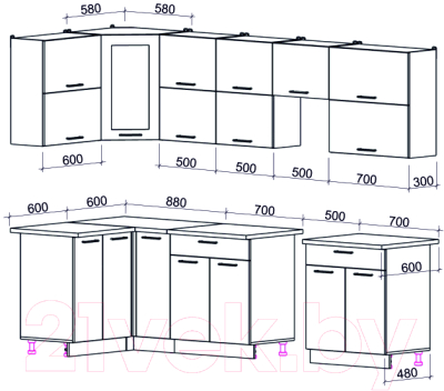 Готовая кухня Интерлиния Мила Gloss 50-12x28 (яблоко глянец/дуб вотан/травертин серый))