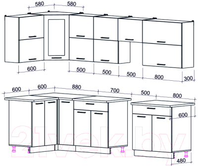 Готовая кухня Интерлиния Мила Gloss 50-12x29 (белый глянец/графит софт/травертин серый)