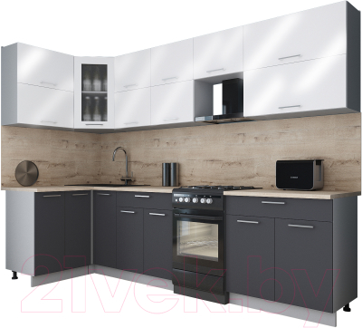 Готовая кухня Интерлиния Мила Gloss 50-12x29 (белый глянец/графит софт/травертин серый)