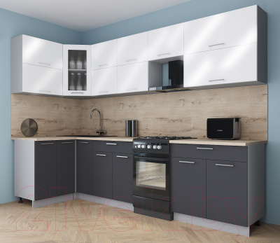 Готовая кухня Интерлиния Мила Gloss 50-12x29 (белый глянец/графит софт/травертин серый)
