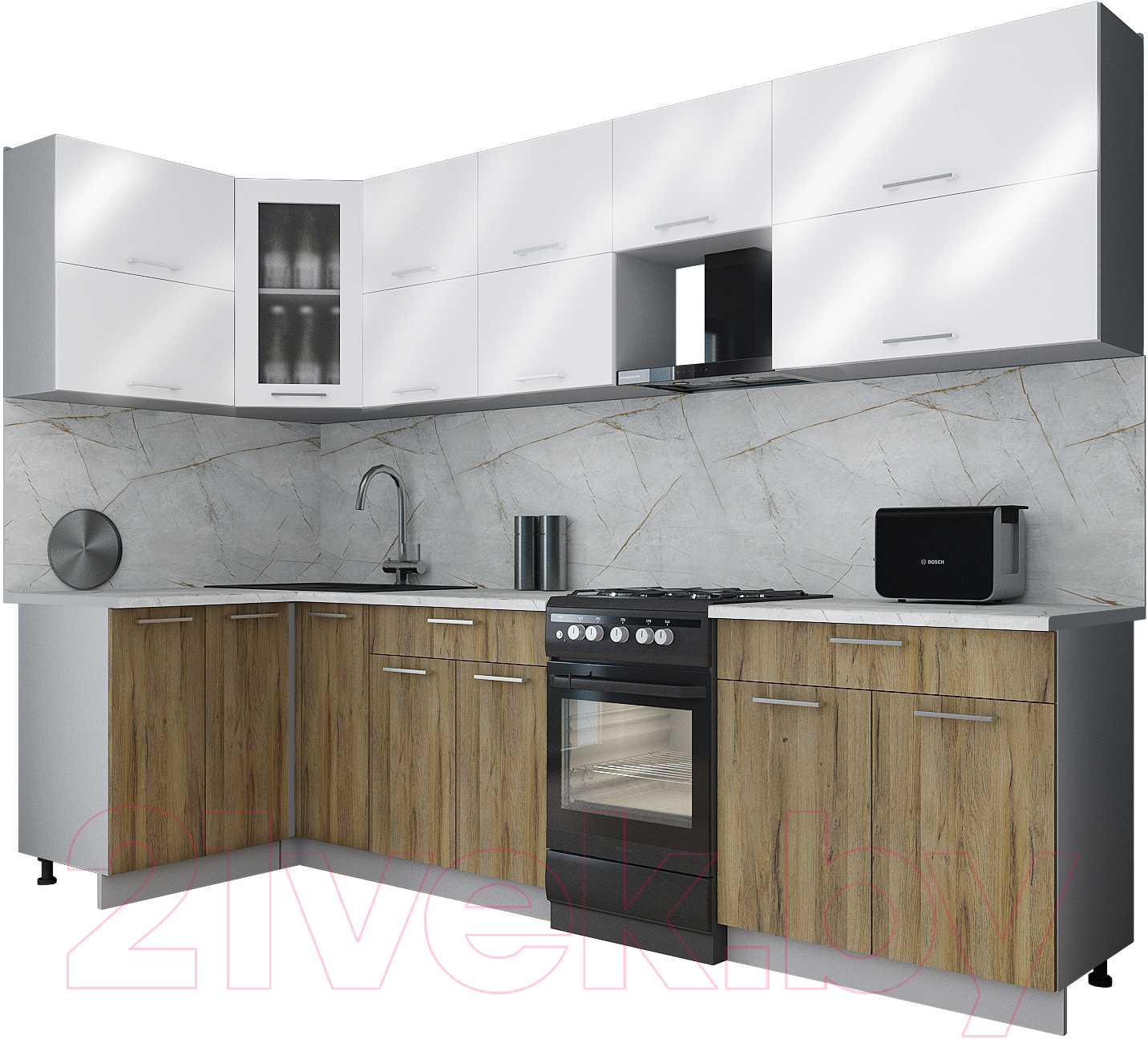 Кухонный гарнитур Interline Мила Gloss 50-12x29 (белый глянец/дуб вотан/травертин серый)