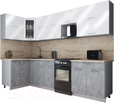 Готовая кухня Интерлиния Мила Gloss 50-12x29 (белый глянец/керамика/травертин серый)