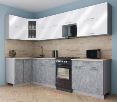Кухонный гарнитур Интерлиния Мила Gloss 50-12x29 (белый глянец/керамика/травертин серый)
