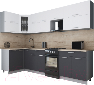 Готовая кухня Интерлиния Мила Gloss 50-12x29 (белый софт/графит софт/травертин серый)