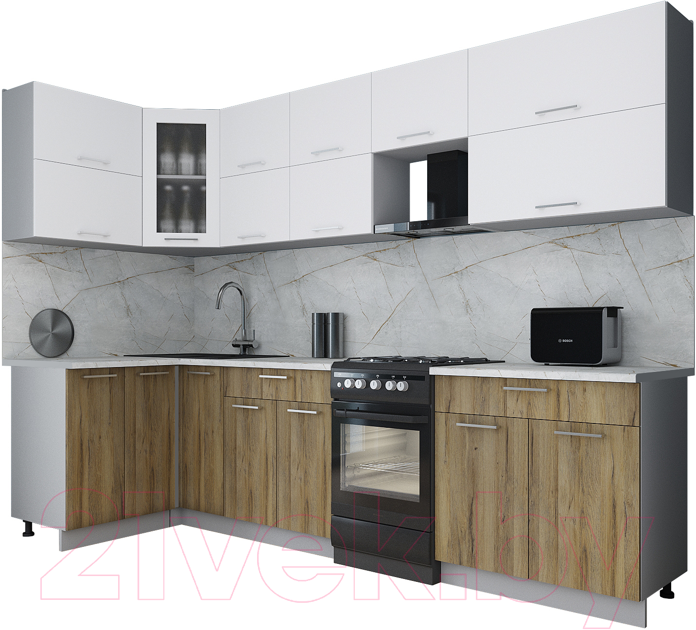 Кухонный гарнитур Interline Мила Gloss 50-12x29 (белый/дуб вотан/травертин серый)