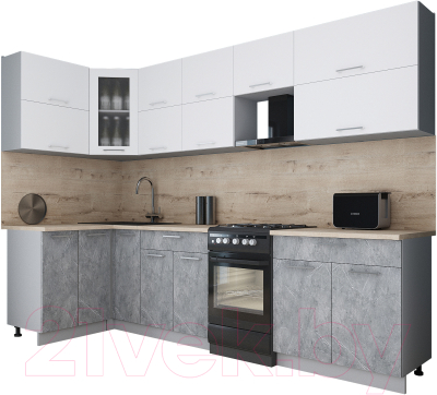 Готовая кухня Интерлиния Мила Gloss 50-12x29 (белый софт/керамика/травертин серый)
