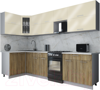 Готовая кухня Интерлиния Мила Gloss 50-12x29 (ваниль глянец/дуб вотан/травертин серый)