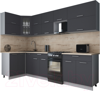 Готовая кухня Интерлиния Мила Gloss 50-12x29 (графит софт/графит софт/травертин серый)