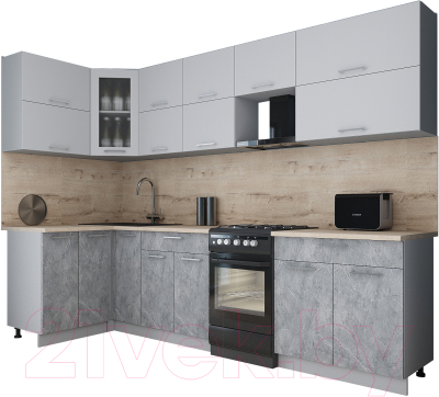 Кухонный гарнитур Интерлиния Мила Gloss 50-12x29 (пепел софт/керамика/травертин серый)