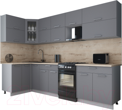 Готовая кухня Интерлиния Мила Gloss 50-12x29 (серый софт/серый софт/травертин серый)
