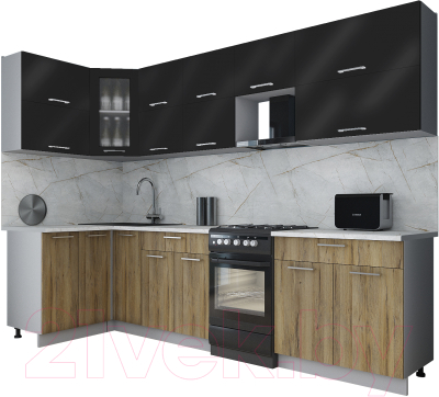 Готовая кухня Интерлиния Мила Gloss 50-12x29 (черный глянец/дуб вотан/травертин серый)