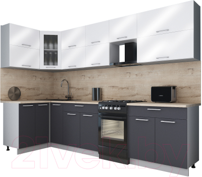 Кухонный гарнитур Интерлиния Мила Gloss 50-12x30 (белый глянец/графит софт/травертин серый)