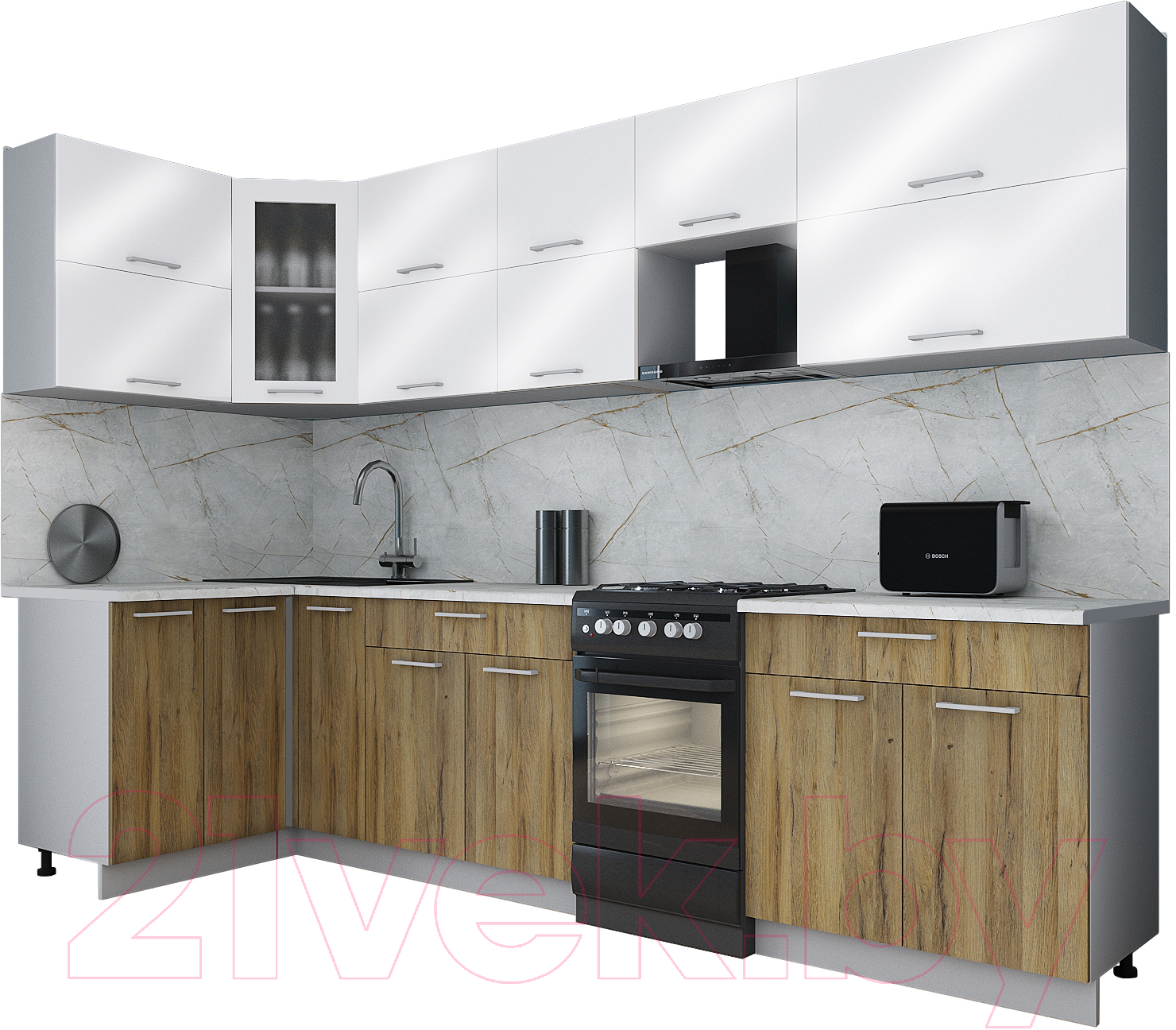 Кухонный гарнитур Interline Мила Gloss 50-12x30 (белый глянец/дуб вотан/травертин серый)