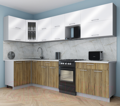 Готовая кухня Интерлиния Мила Gloss 50-12x30 (белый глянец/дуб вотан/травертин серый)