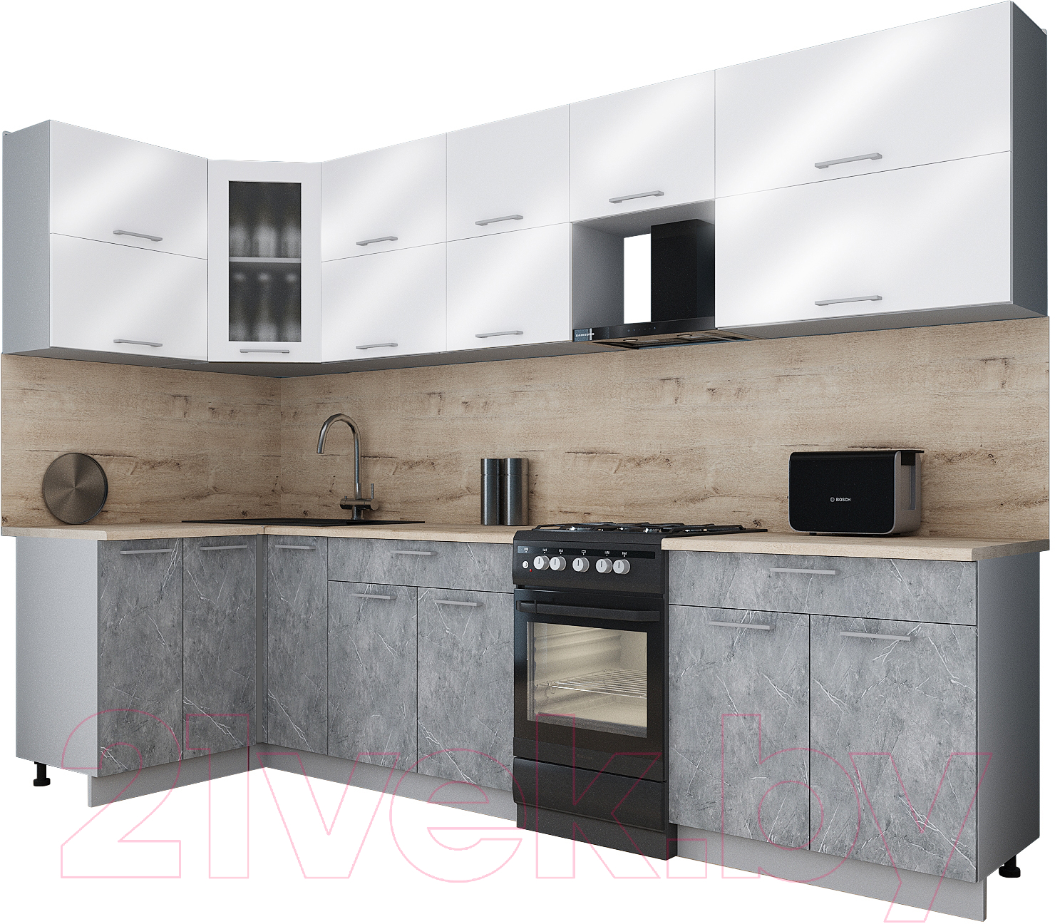Кухонный гарнитур Interline Мила Gloss 50-12x30 (белый глянец/керамика/травертин серый)