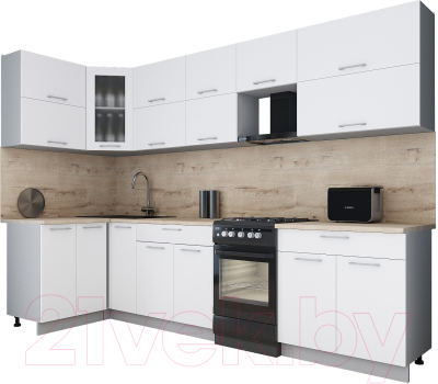 Готовая кухня Интерлиния Мила Gloss 50-12x30 (белый софт/белый софт/травертин серый)