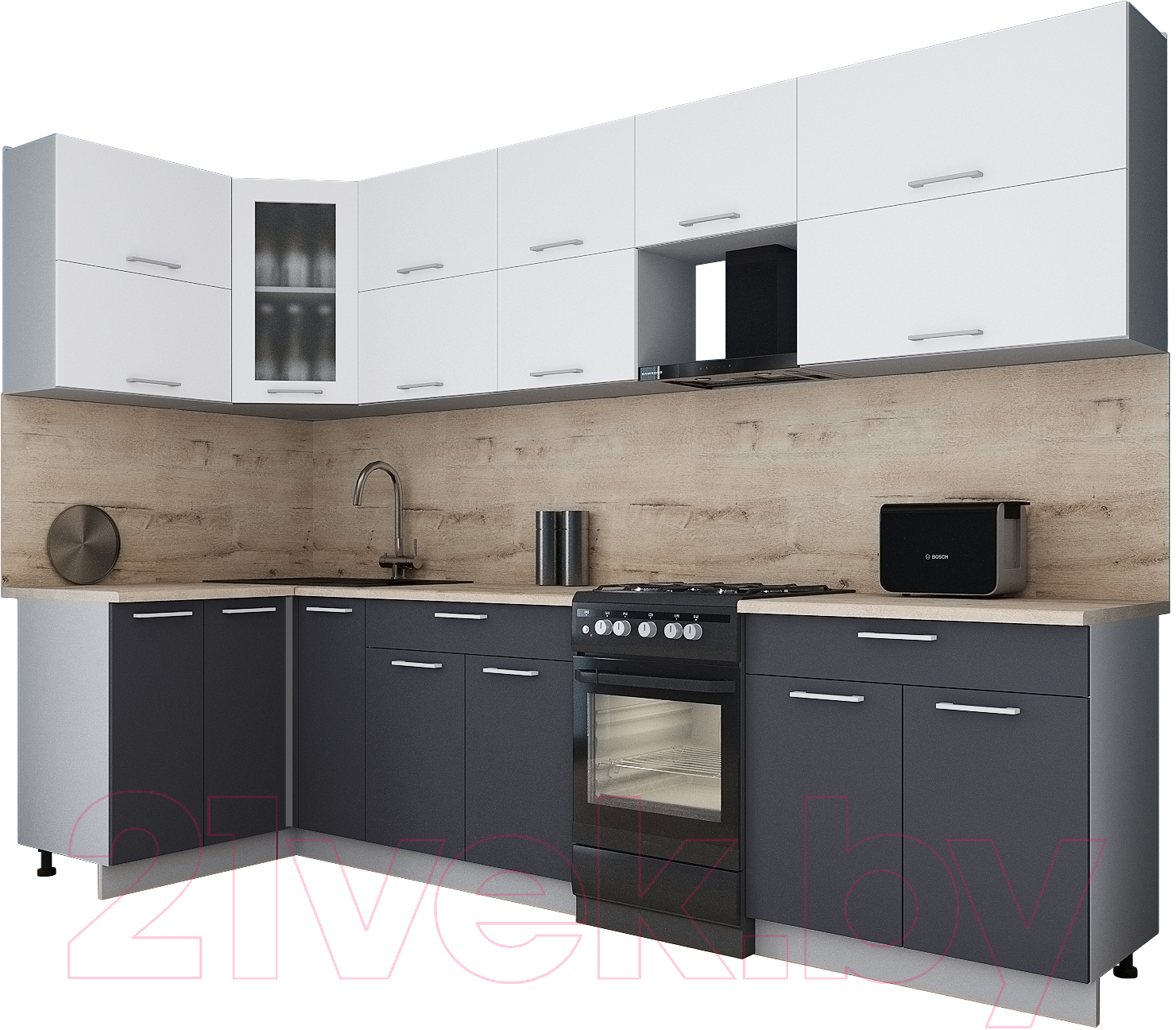 Кухонный гарнитур Interline Мила Gloss 50-12x30 (белый/пепел/травертин серый)