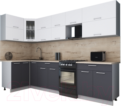 Готовая кухня Интерлиния Мила Gloss 50-12x30 (белый софт/графит софт/травертин серый)