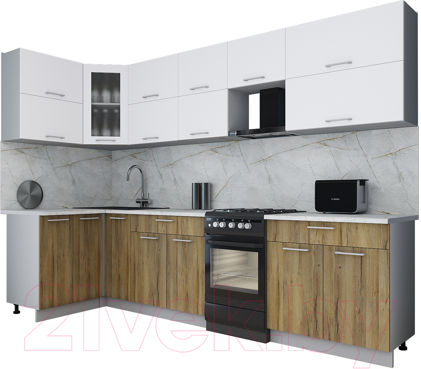 Кухонный гарнитур Interline Мила Gloss 50-12x30 (белый/дуб вотан/травертин серый)