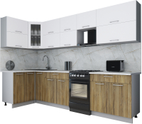 Кухонный гарнитур Интерлиния Мила Gloss 50-12x30 (белый софт/дуб вотан/травертин серый) - 