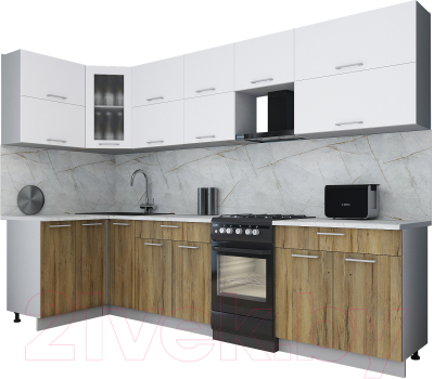 Готовая кухня Интерлиния Мила Gloss 50-12x30 (белый софт/дуб вотан/травертин серый)