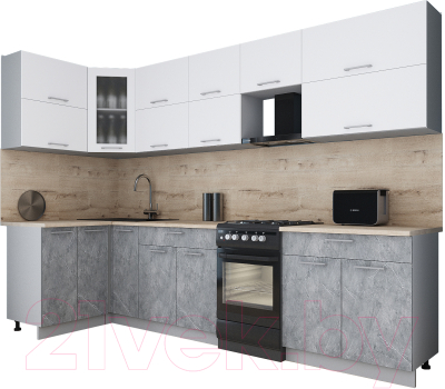 Готовая кухня Интерлиния Мила Gloss 50-12x30 (белый софт/керамика/травертин серый)