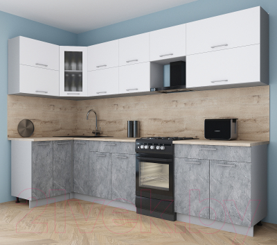 Готовая кухня Интерлиния Мила Gloss 50-12x30 (белый софт/керамика/травертин серый)