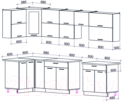 Кухонный гарнитур Интерлиния Мила Gloss 50-12x30 (белый софт/серый софт/травертин серый)