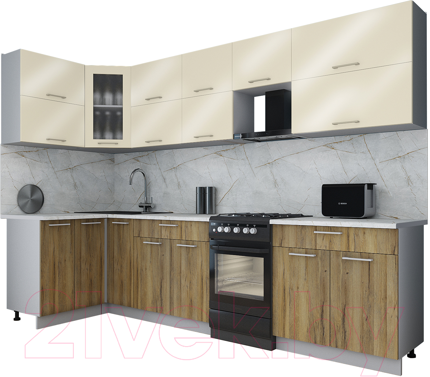 Кухонный гарнитур Interline Мила Gloss 50-12x30 (ваниль глянец/дуб вотан/травертин серый)