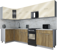 Кухонный гарнитур Интерлиния Мила Gloss 50-12x30 (ваниль глянец/дуб вотан/травертин серый) - 