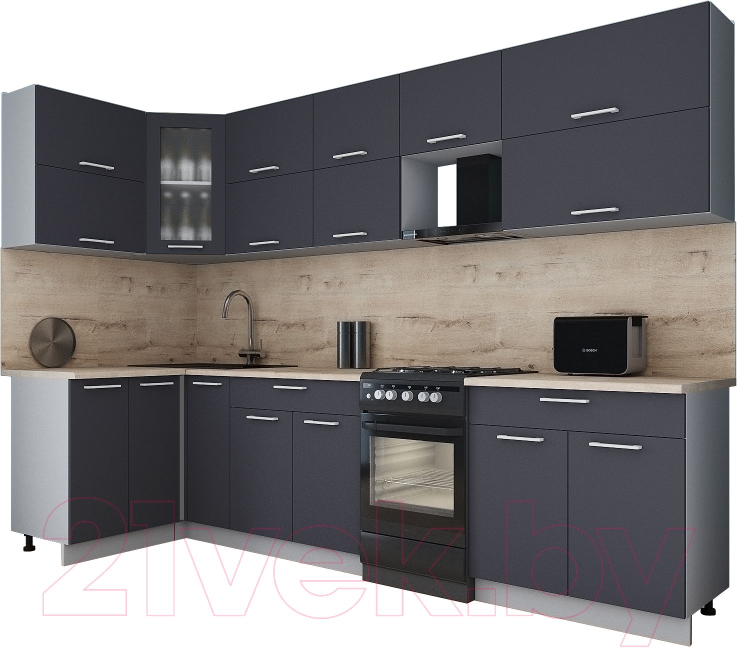 Кухонный гарнитур Interline Мила Gloss 50-12x30 (пепел/пепел/травертин серый)
