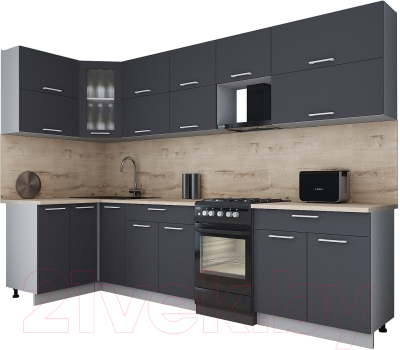 Готовая кухня Интерлиния Мила Gloss 50-12x30 (графит софт/графит софт/травертин серый)