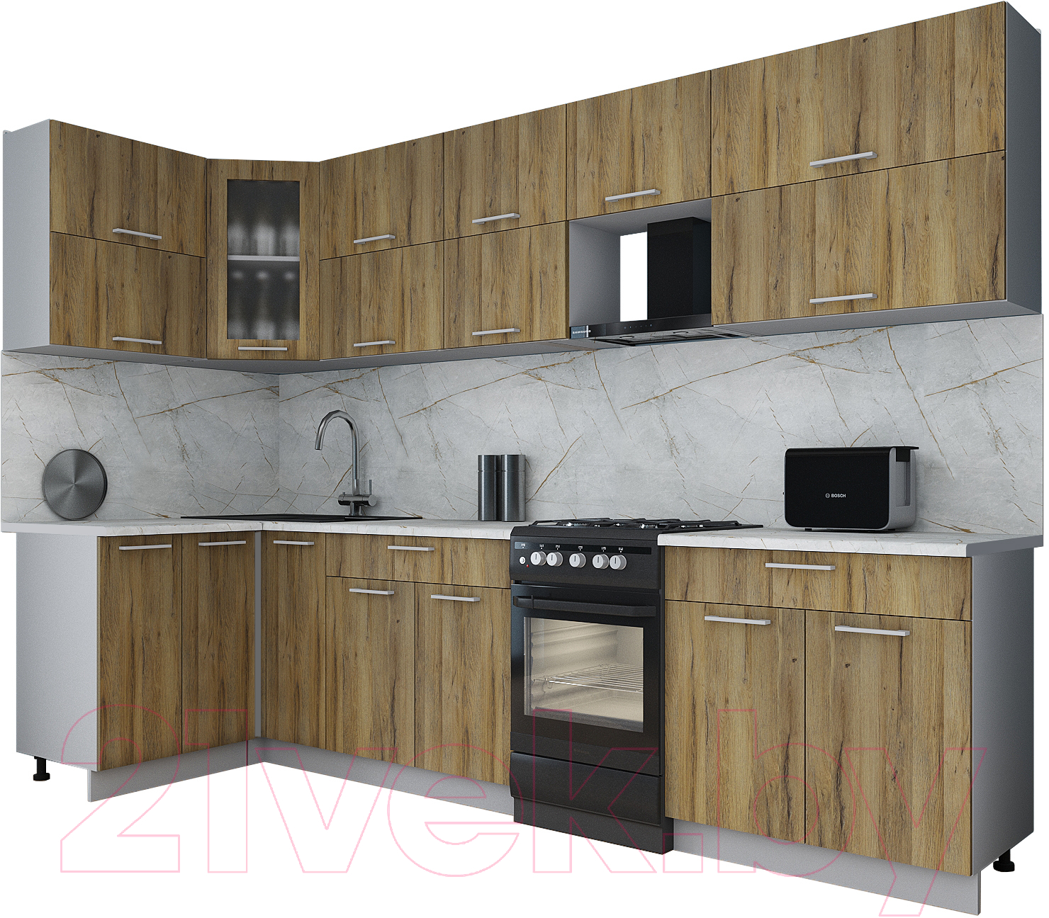 Кухонный гарнитур Interline Мила Gloss 50-12x30 (дуб вотан/дуб вотан/травертин серый)