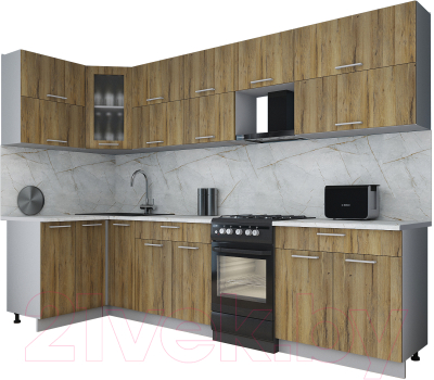 Готовая кухня Интерлиния Мила Gloss 50-12x30 (дуб вотан/дуб вотан/травертин серый)