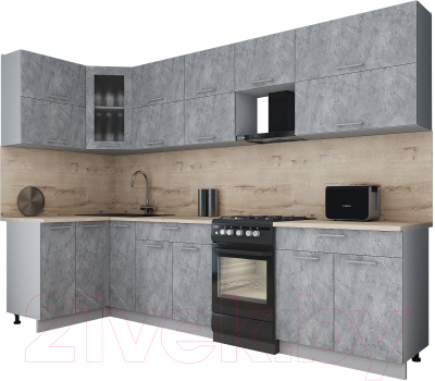 Готовая кухня Интерлиния Мила Gloss 50-12x30 (керамика/керамика/травертин серый)